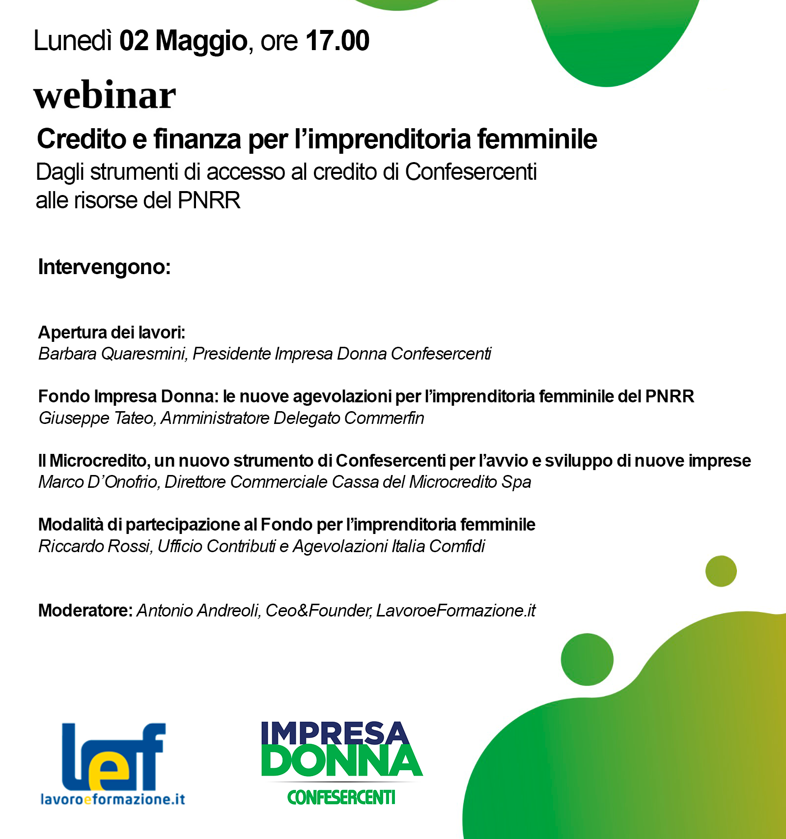 Webinar “Credito e finanza per l’Imprenditoria Femminile: dagli strumenti di accesso al credito di Confesercenti alle risorse del PNRR”